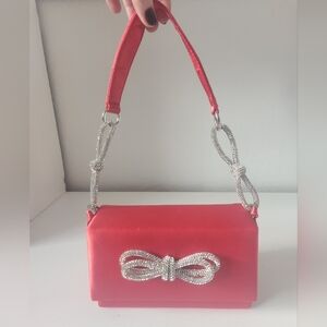 Elegant Red Satin Handbag with Rhinestone Bow